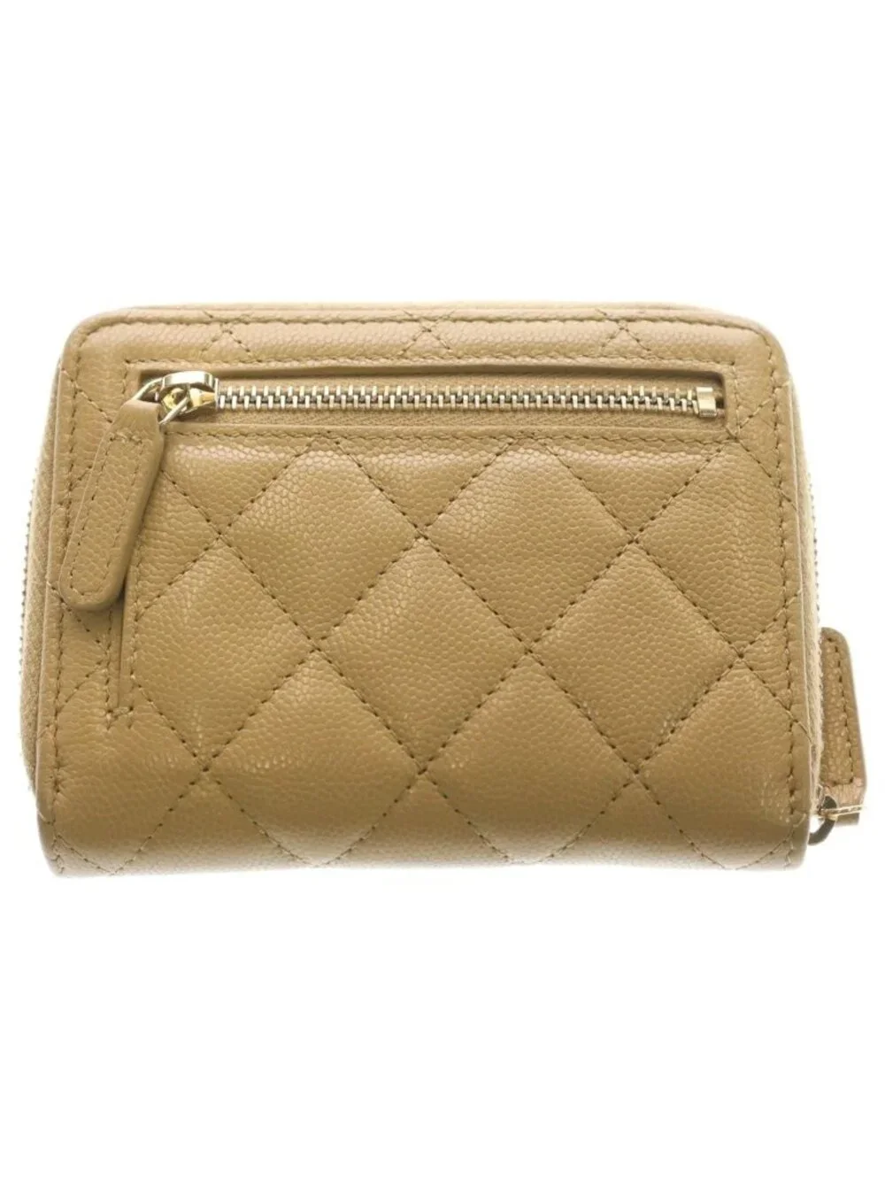 Chanel CC Logo Quilted Caviar Leather Round Zip Compact Wallet Beige Gold
